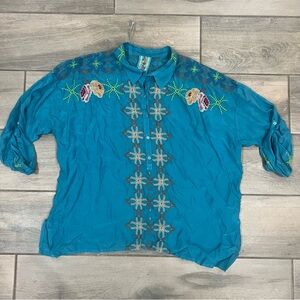 Johnny Was Teal Embroidered Collared Tunic Shirt Top Long Sleeve Silky Women’s L